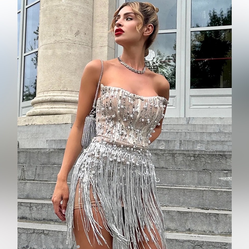 Bella Barnett Sorel Pearl Sequin Tassel Mini Dress